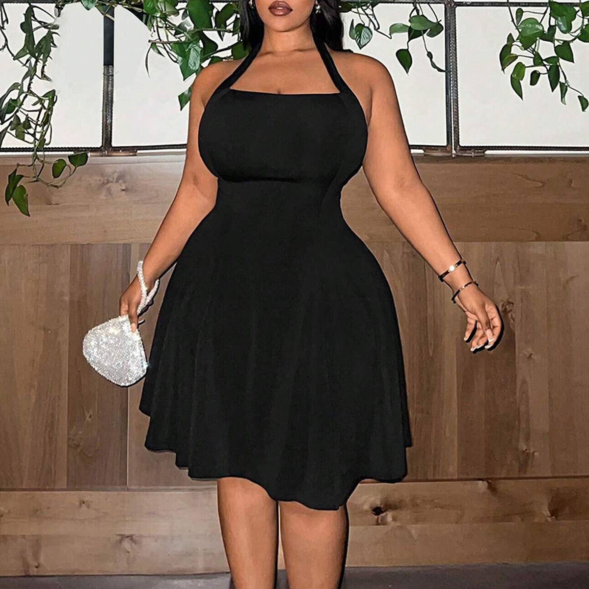 SQUARE NECK HALTER CINCHED WAIST A LINE DRESS_CWDMD6063