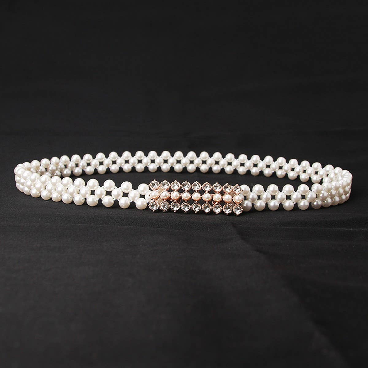 PEARL WOVEN ELASTIC BELT RHINESTONE ALLOY BUCKLES_CWABE0395