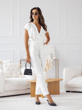 Solid Color V-Neck Commuter Pinch-Waist Jumpsuit