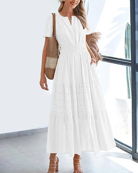 V-Neck Pleated Puffy Sleeve Short Sleeved Dress