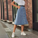 Washed Denim Button Front Skirt For Women Slim_Cwjsk0202