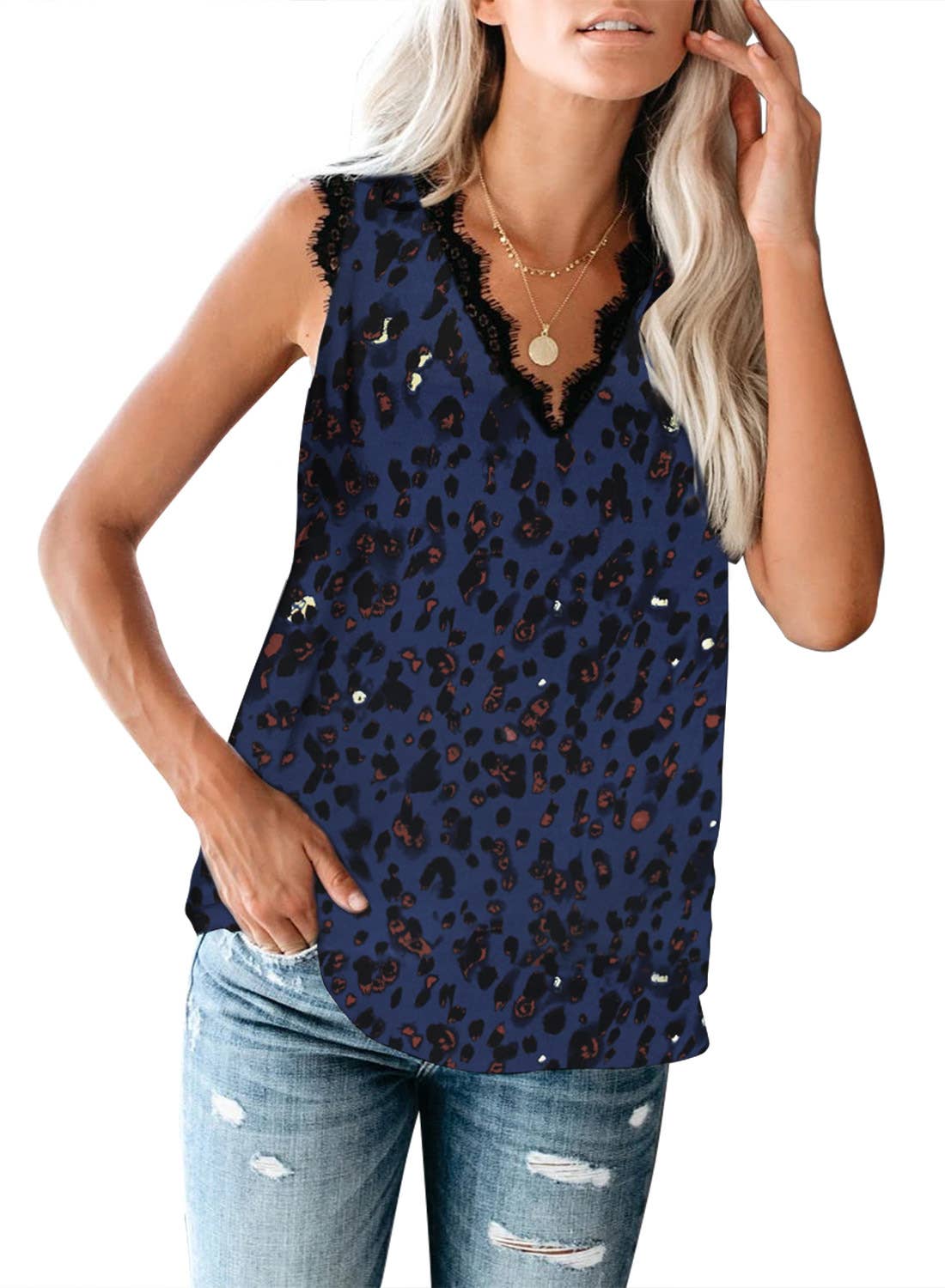 V-Neck Eyelash Lace Sleeveless Print Top