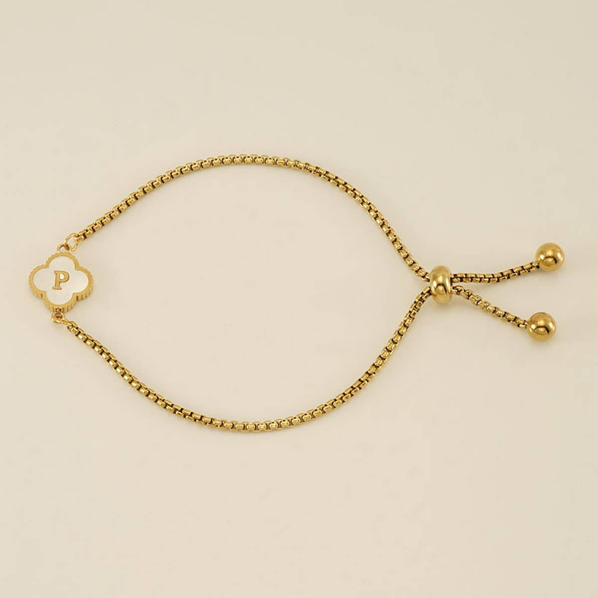 Cwaje1959_Adjustable Four Leaf Clover Letter Shell Bracelet
