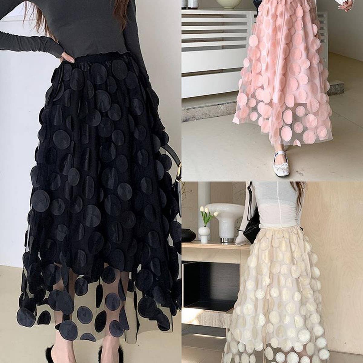 THREE DIMENSIONAL FLORAL TULLE MESH SKIRT_CWBLS0395