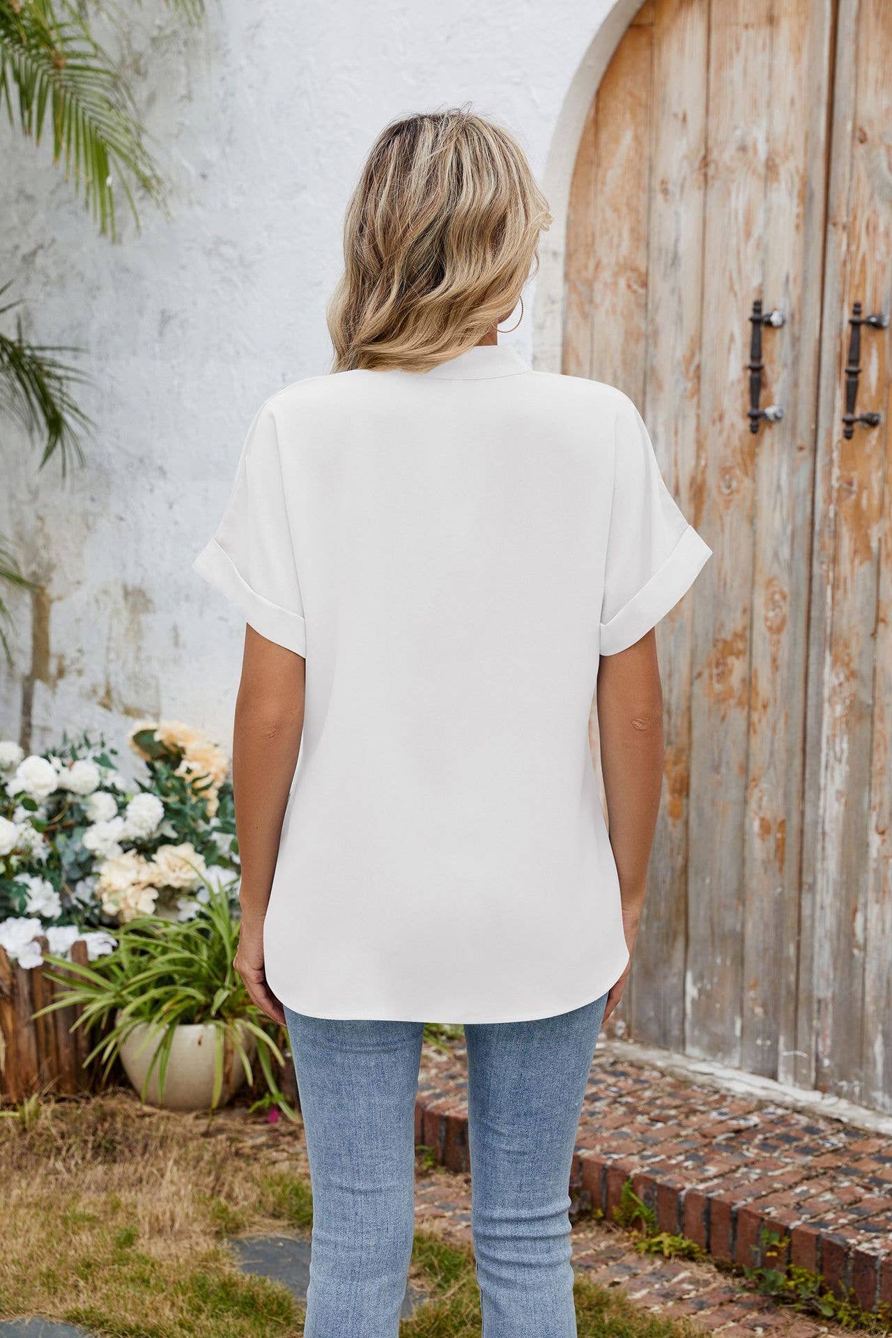 Solid Color V-Neck Short Sleeve Button Chiffon