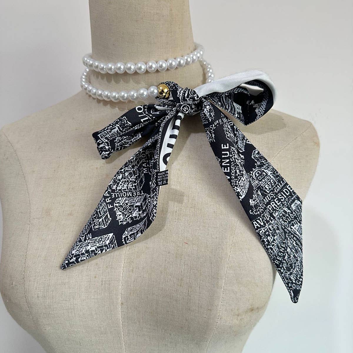 Black White Pearl Silk Scarf Belt_Cwasc04002