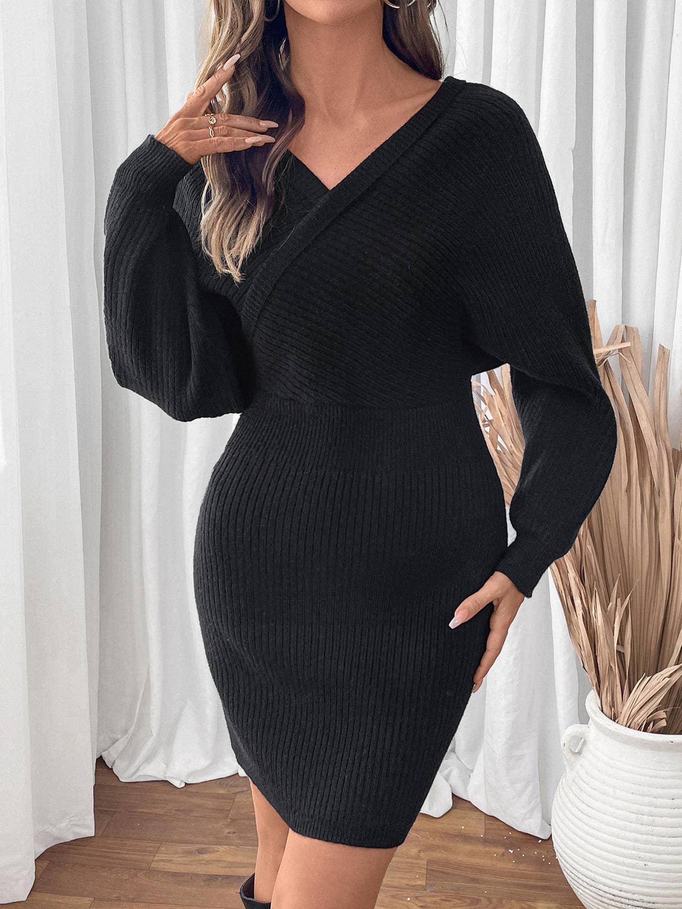 V Bat Sleeve Solid Color Tight Knit Sweater Dress