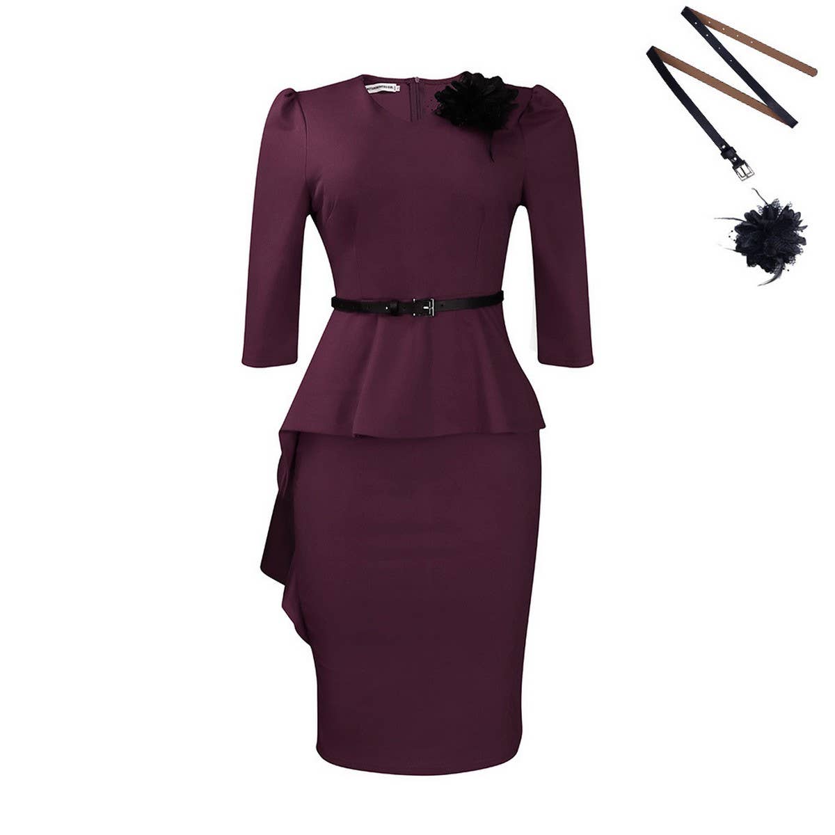 RUFFLED RETRO V NECK HIP HUGGING PENCIL DRESS_CWDSD6140