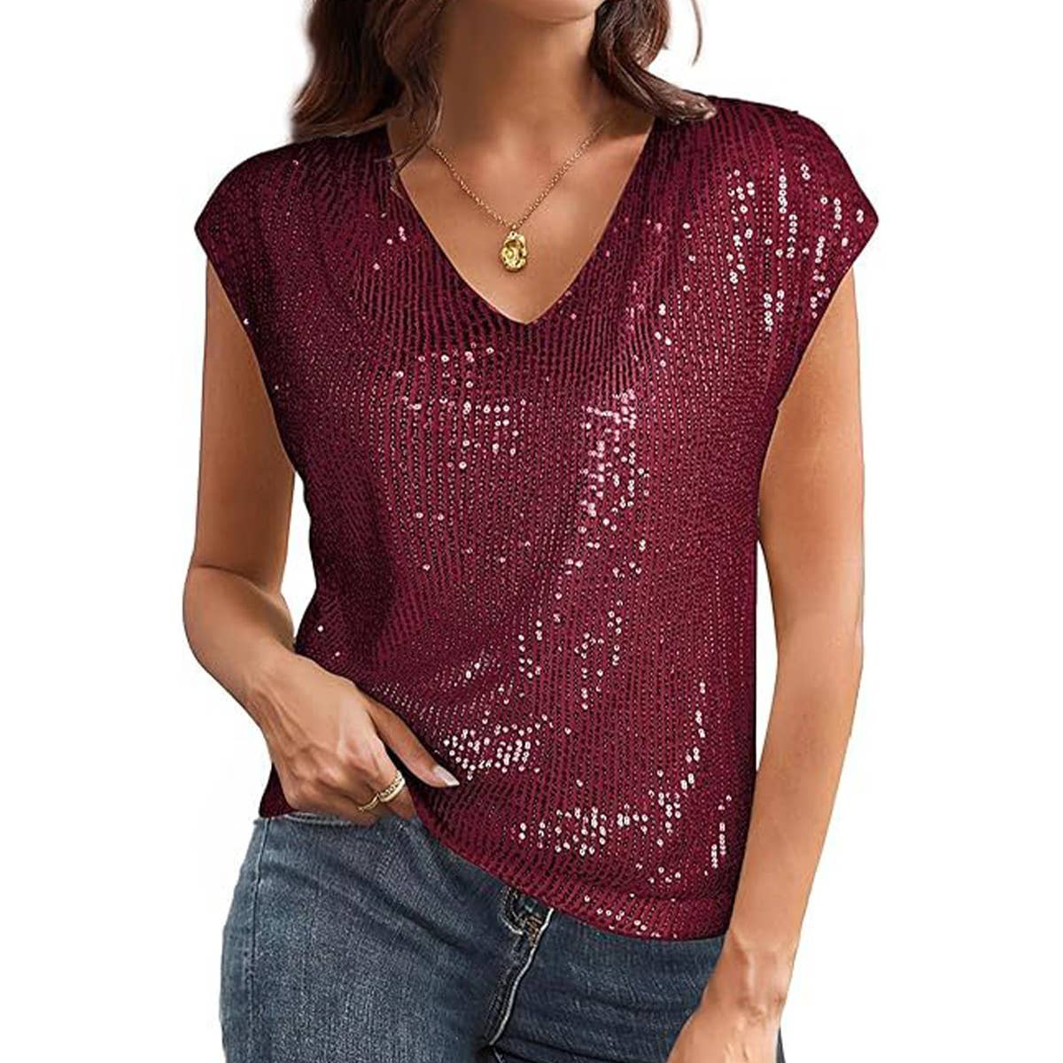 Womens Sequin V-Neck Fitted Raglan Sleeve Top