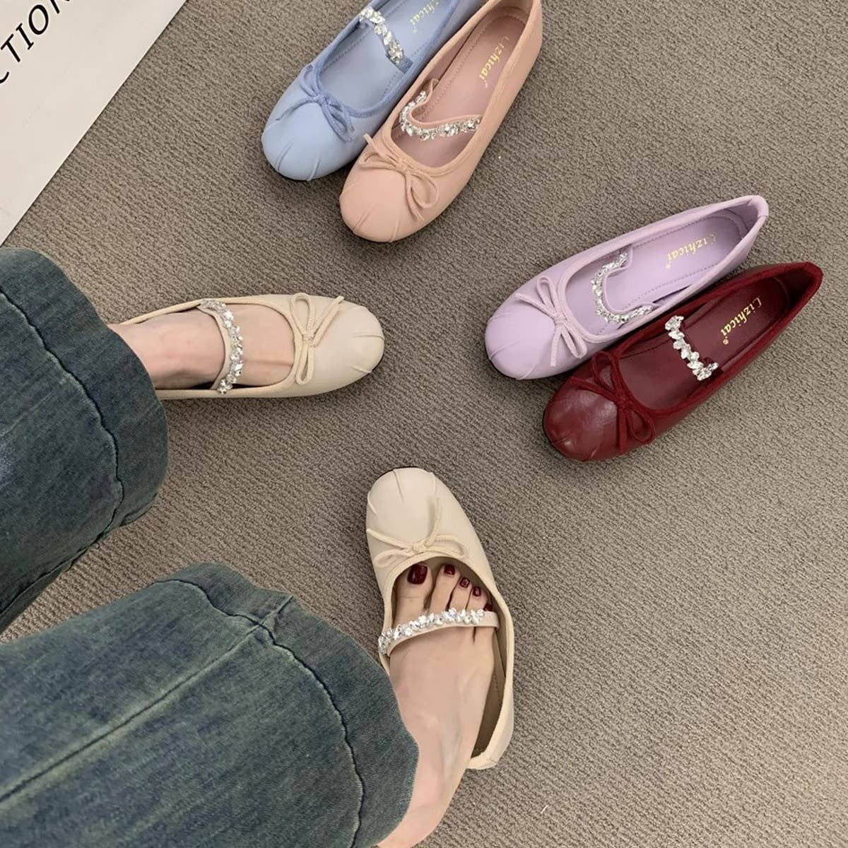 RHINESTONE STRAP FLAT MARY JANE BOW BALLET FLATS_CWSHF0118