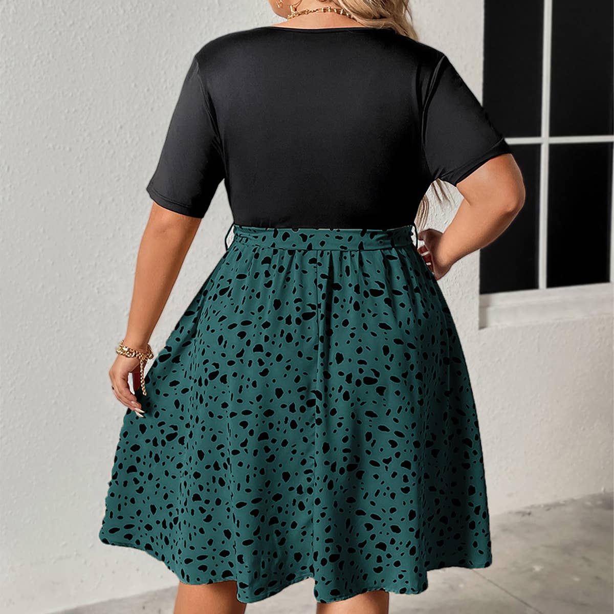 PLUS SIZE V NECK TIE WAIST RUCHED PATCHWORK DRESS_CWDMD5978