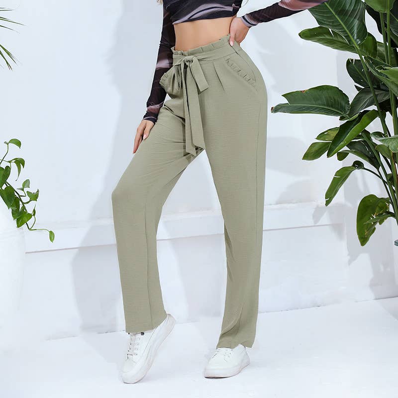 Solid Color Tie Waist High Rise Slim Fit Pants