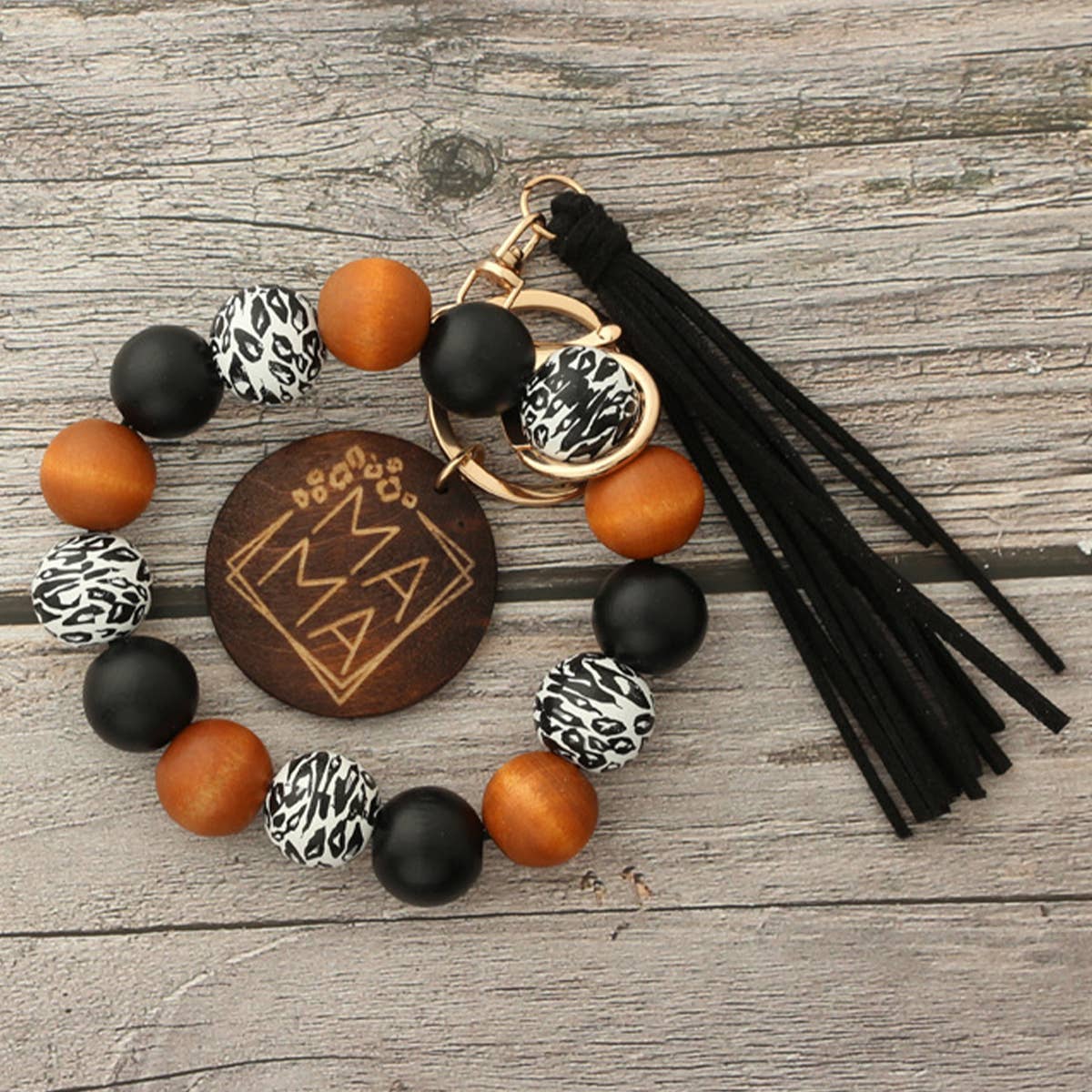 LEOPARD PATTERN WOODEN BEAD BRACELET KEYCHAIN_CWAJE0668