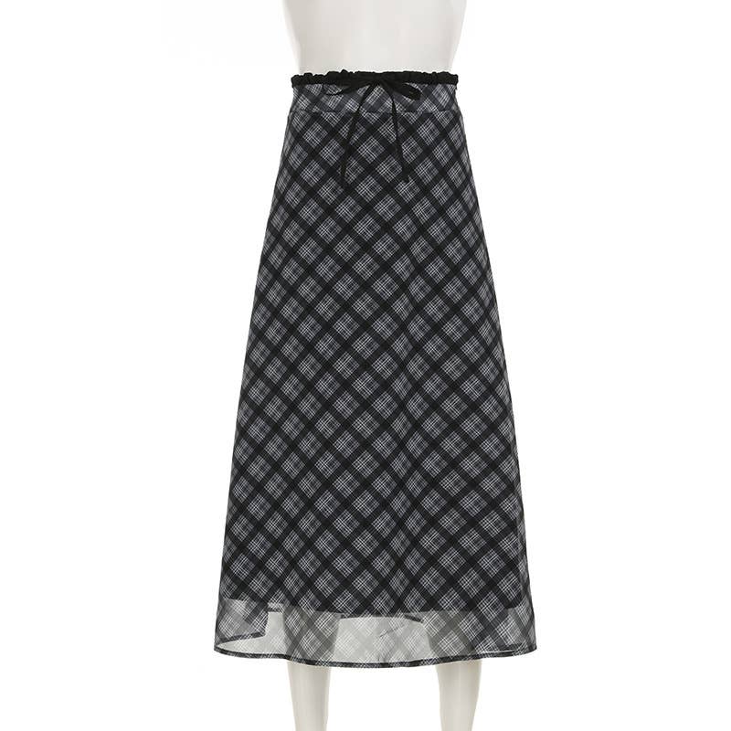 White Gauze Plaid Tall Waist Long Skirts
