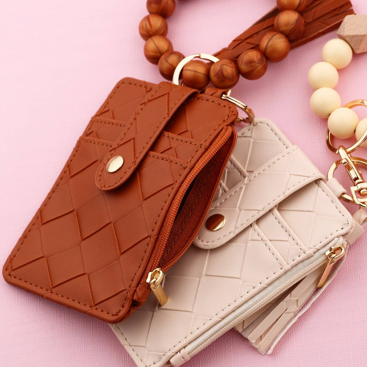 CHECKERED PU CARD WALLETWITH BEAD BRACELET KEYCHAIN_CWAB4958