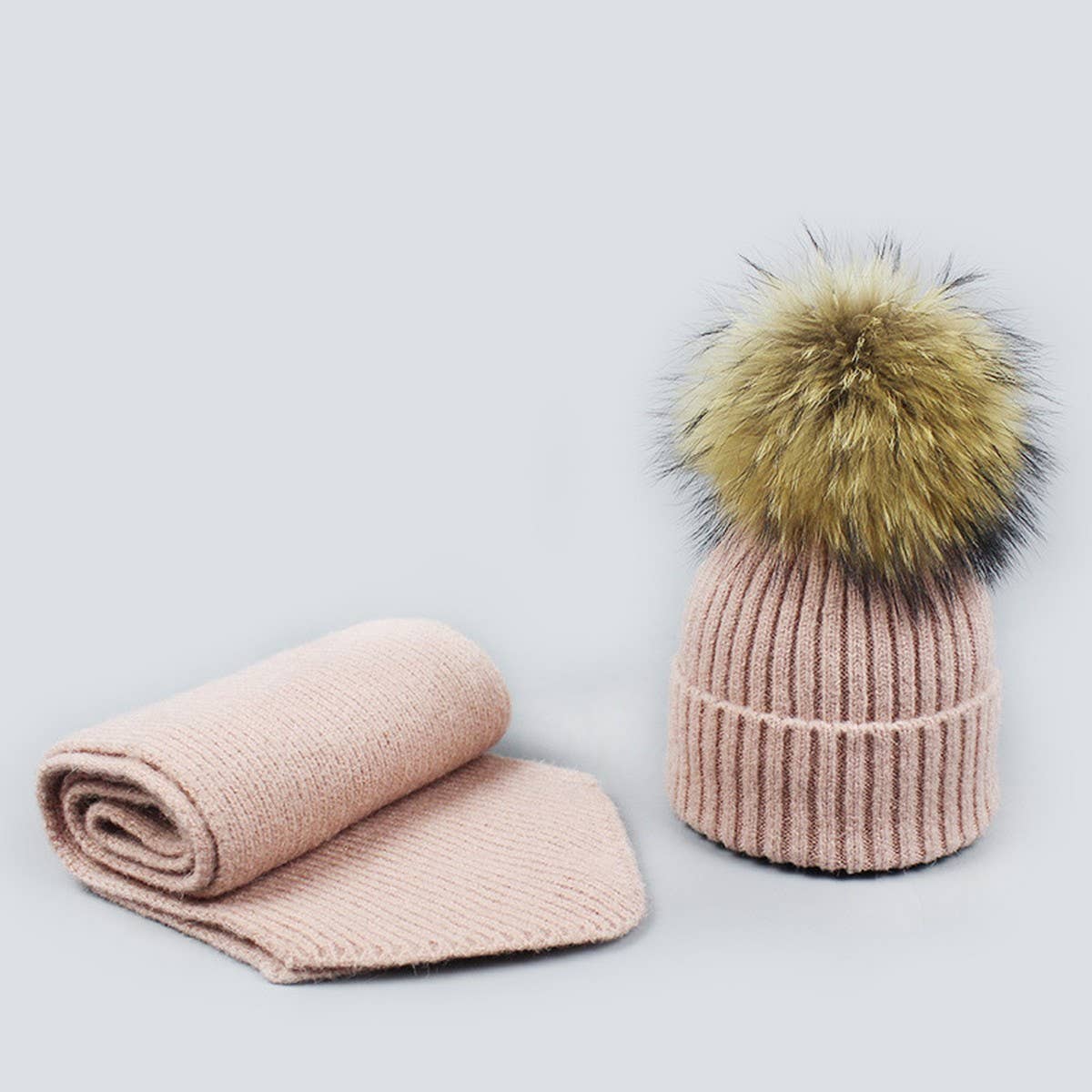 Knit Hat & Scarf Set With Pom Ball_Cwah05028