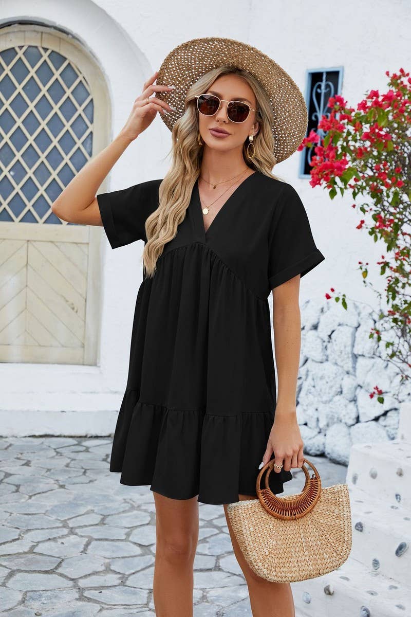 V Neck Solid Color Short Sleeve Pleated Dress_Cwdsd2696