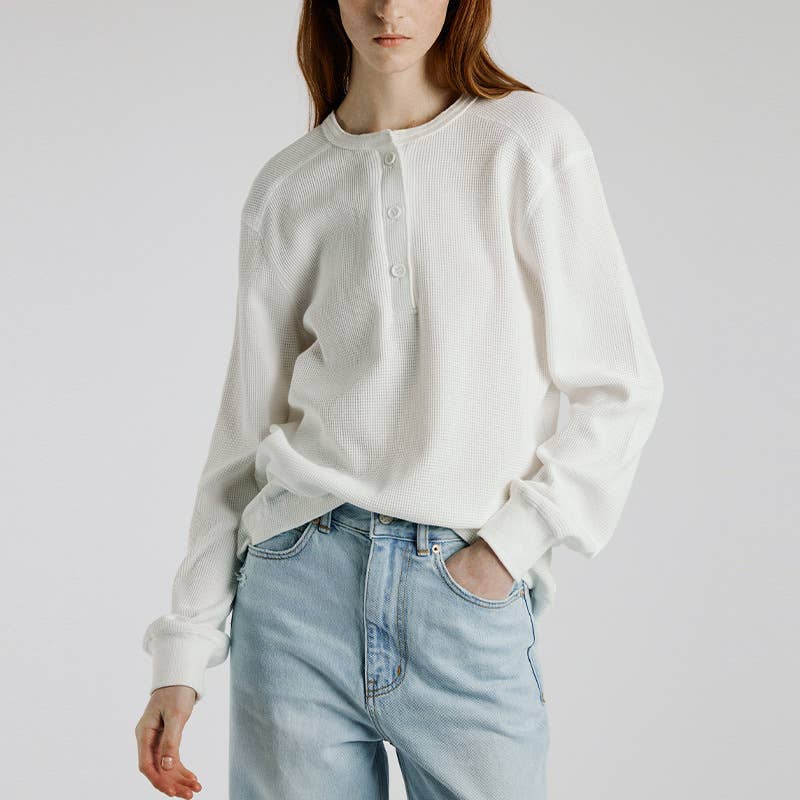 Waffle Round-Neck Semi-Open Long-Sleeved T-Shirt