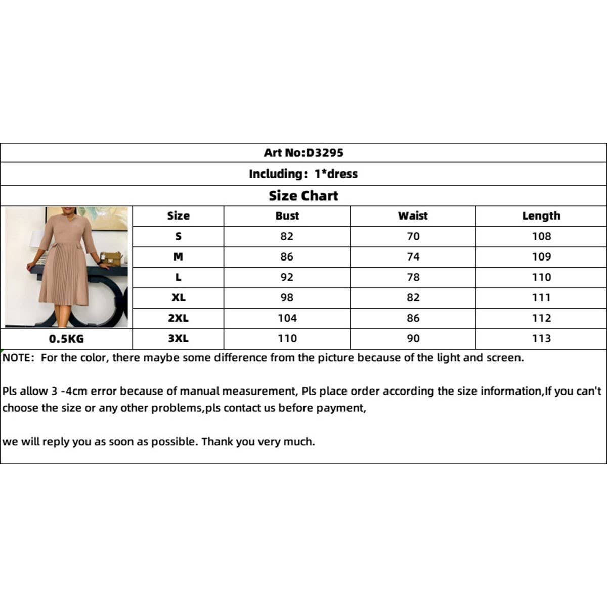 OVERSIZED PLEATED THREE QUARTER SLEEVE DRESS_CWDSD6088