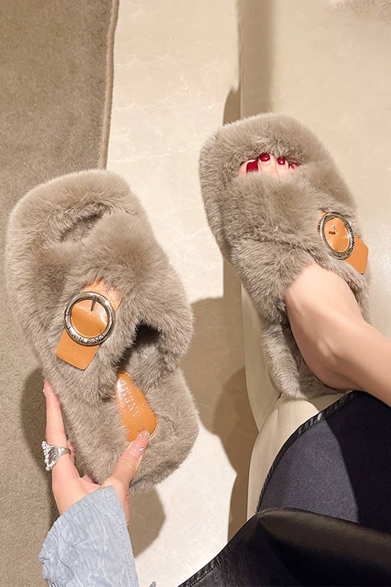 BUCKLE DECOR CRISS CROSS FLUFFY BEDROOM SLIPPERS_CWSHS0224