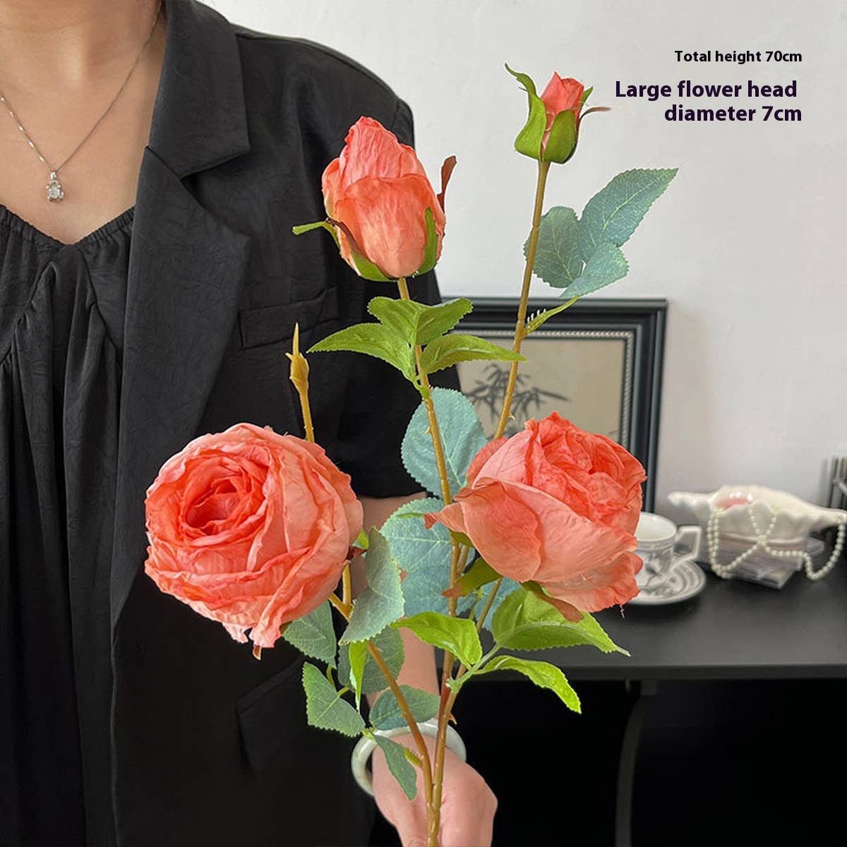 SINGLE STEM 4 HEAD COUNTRY STYLE BURNT EDGE ROSES_CWMM6473