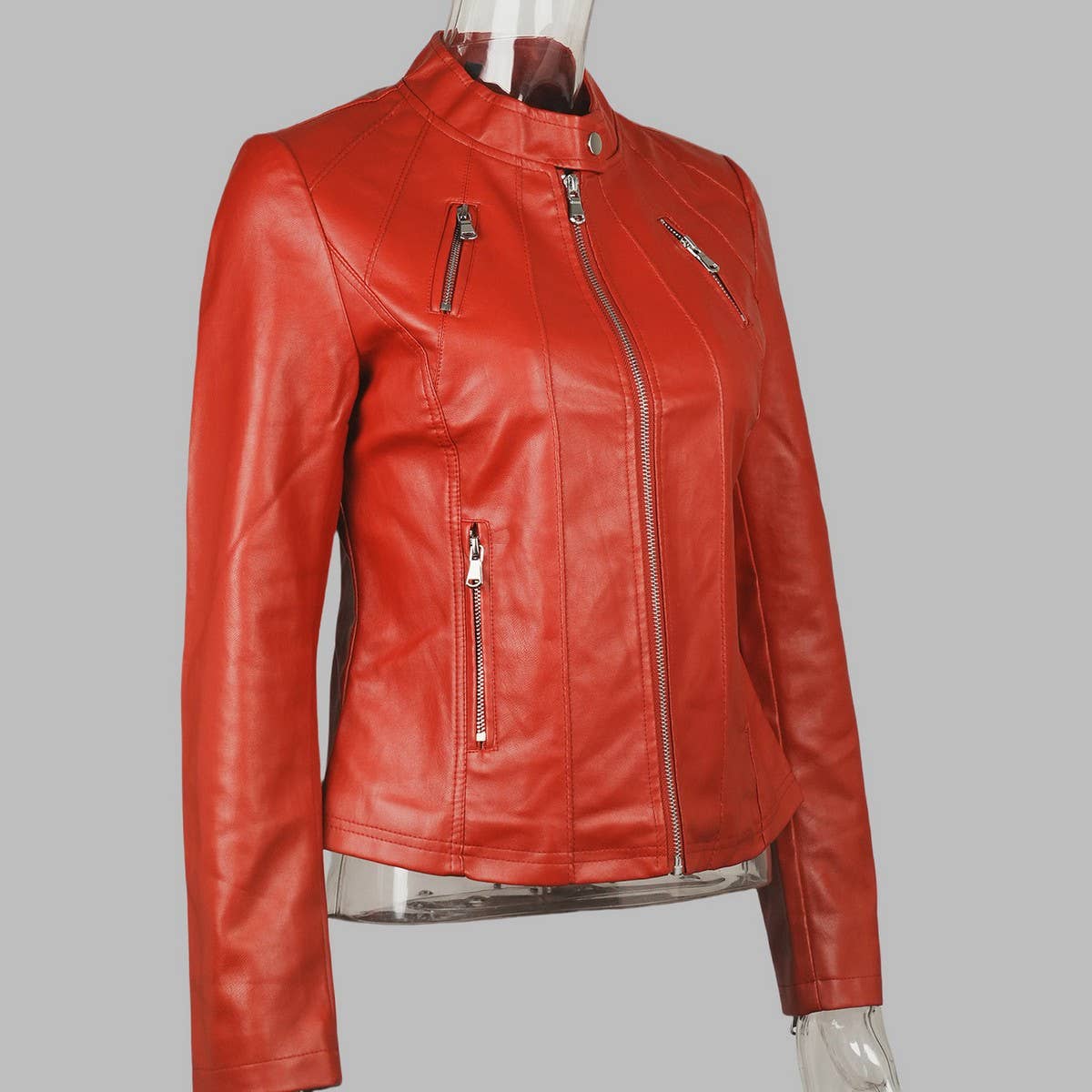 SLIM FIT STAND COLLAR FAUX LEATHER JACKET WOMEN_CWMM9025