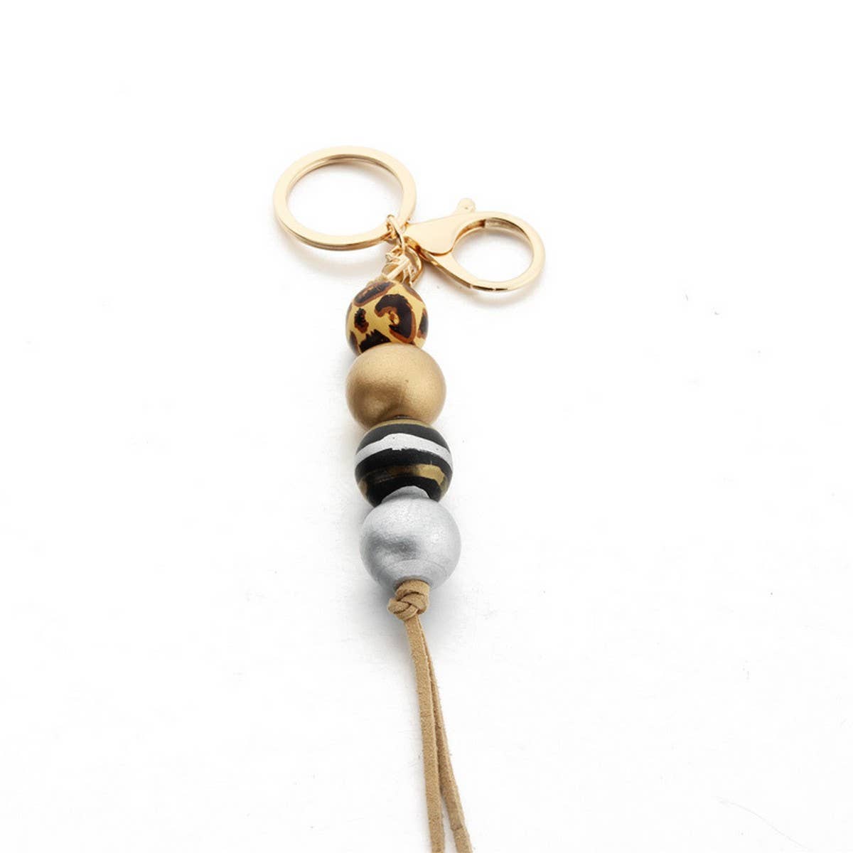 LEOPARD WOOD BEAD KEYCHAIN WITH MINI TASSEL_CWMM7022