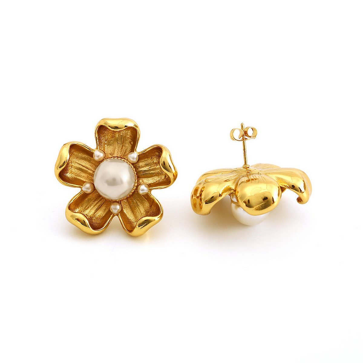 Vintage Style Pearl Titanium Steel Flower Earrings_Cwmm8912