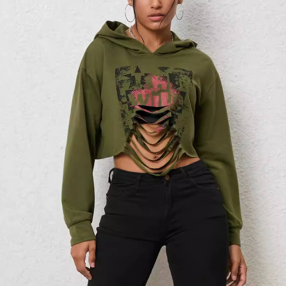 Solid Color Crop Hoodie Streetwear With Sleeves