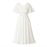 Solid Color V-Neck Dress With Waist Flying Sleeves