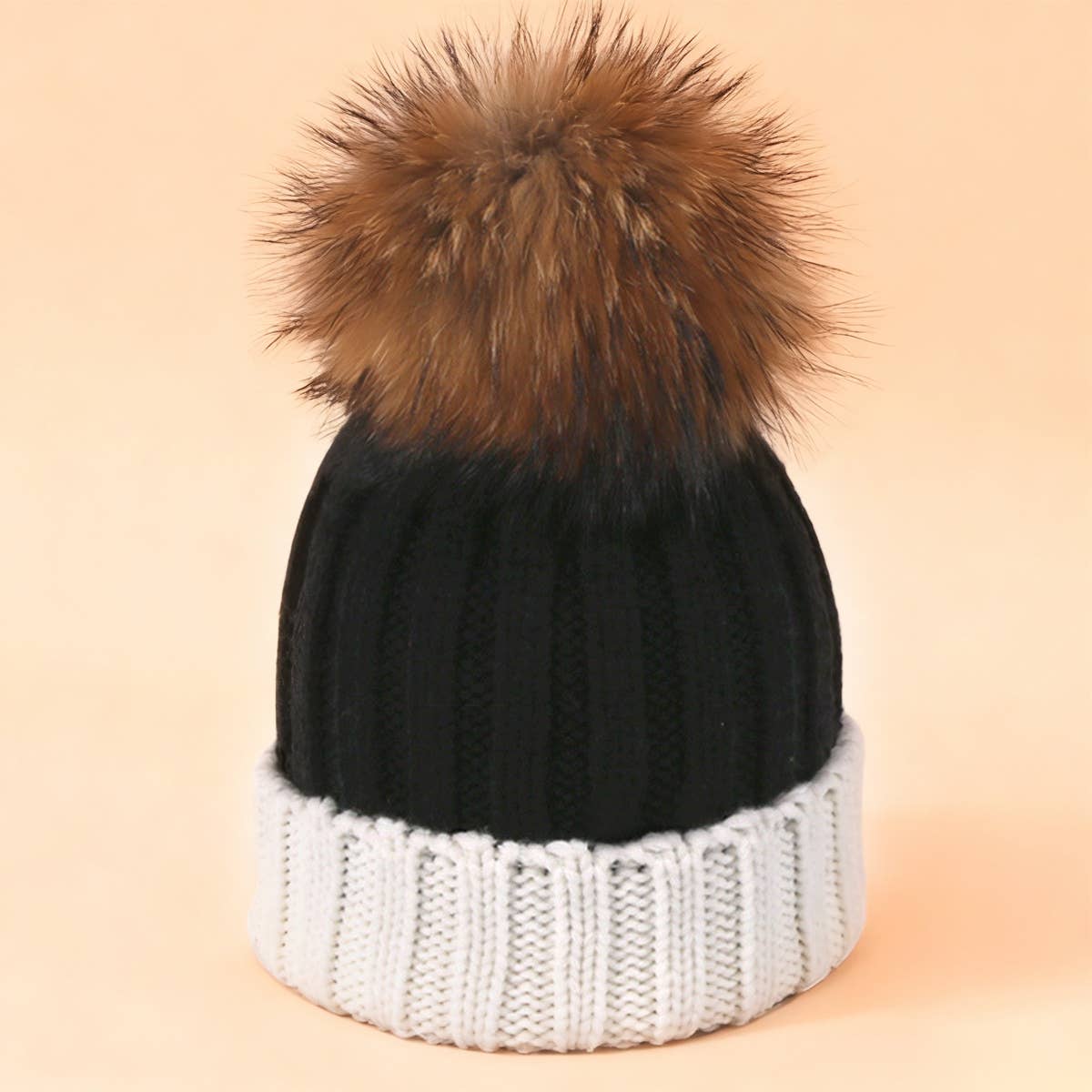 Women¡¯S Knit Two-Tone Pom Beanie Winter Hat_Cwah04990