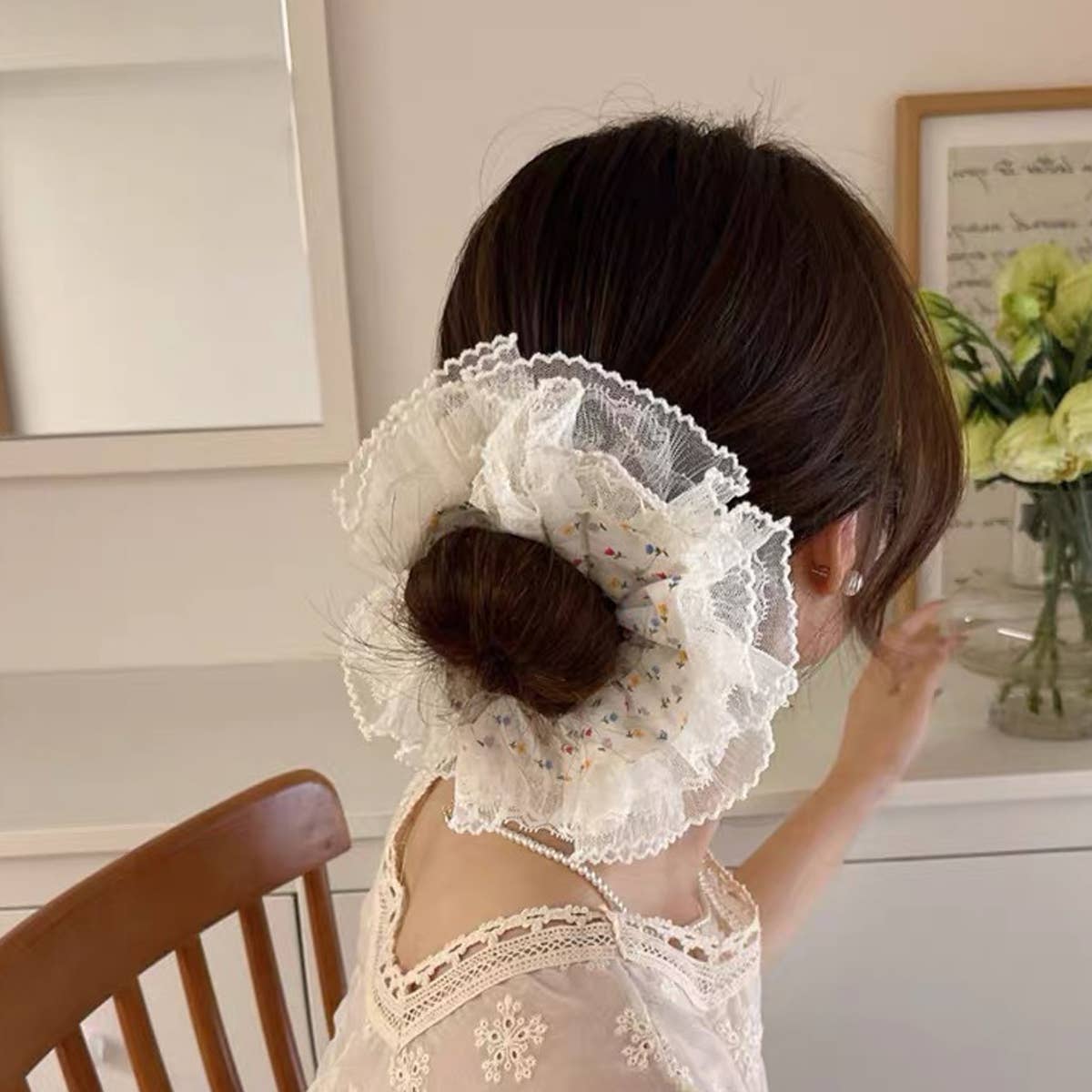 Colorful Floral Ruffled Hair Tie Elastic Durable_Cwaha07530