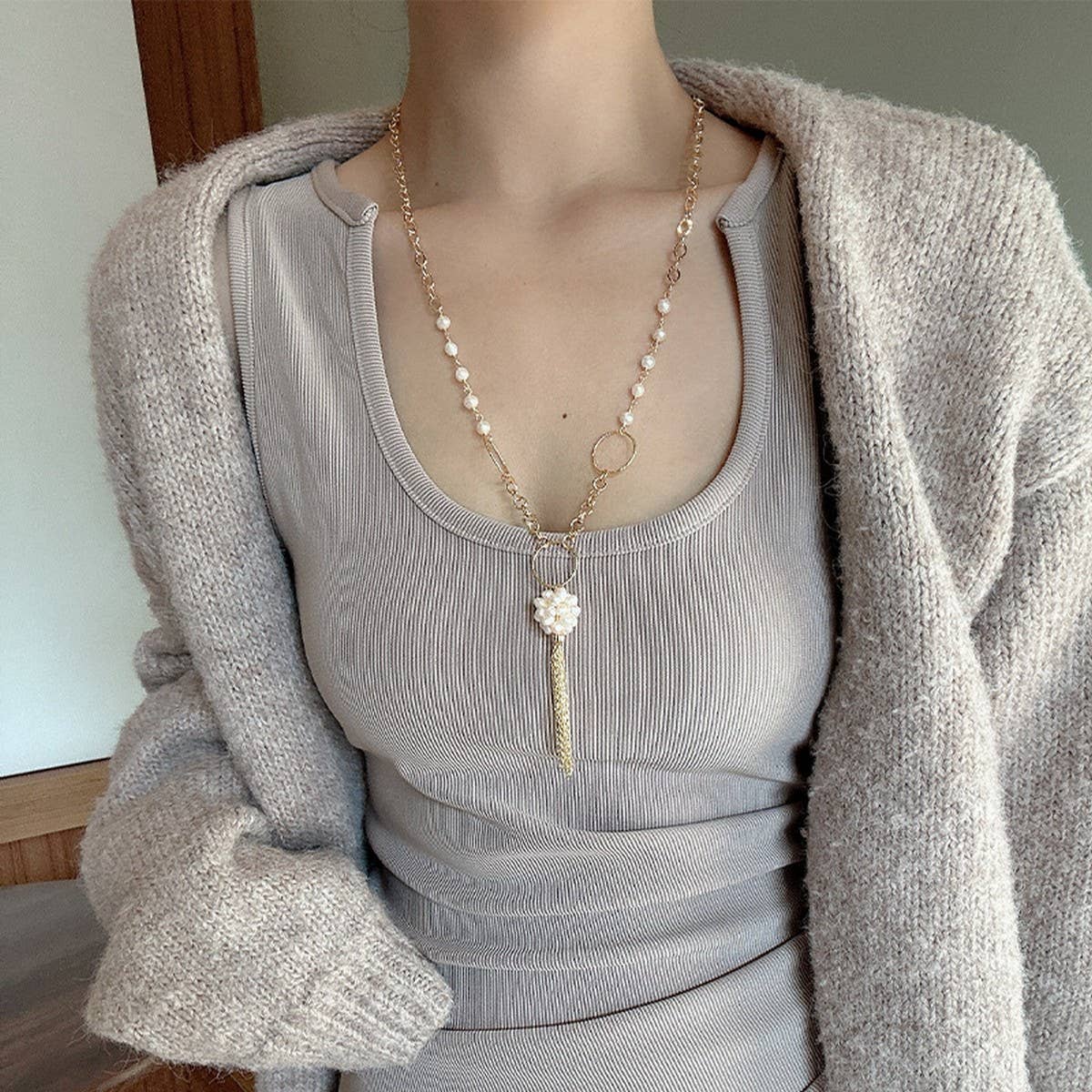 Womens Natural Freshwater Pearl Sweater Necklace