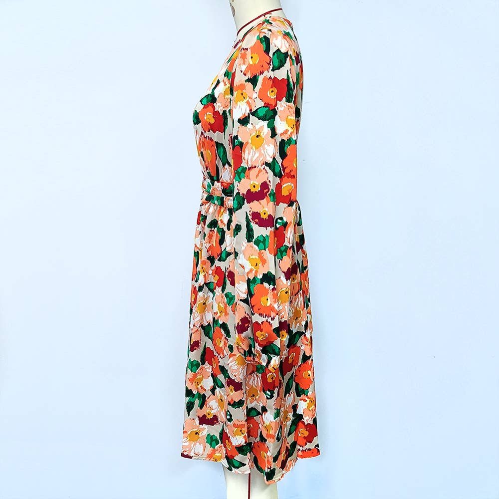 V Neck Floral Long Sleeve Dress With Waist Tie