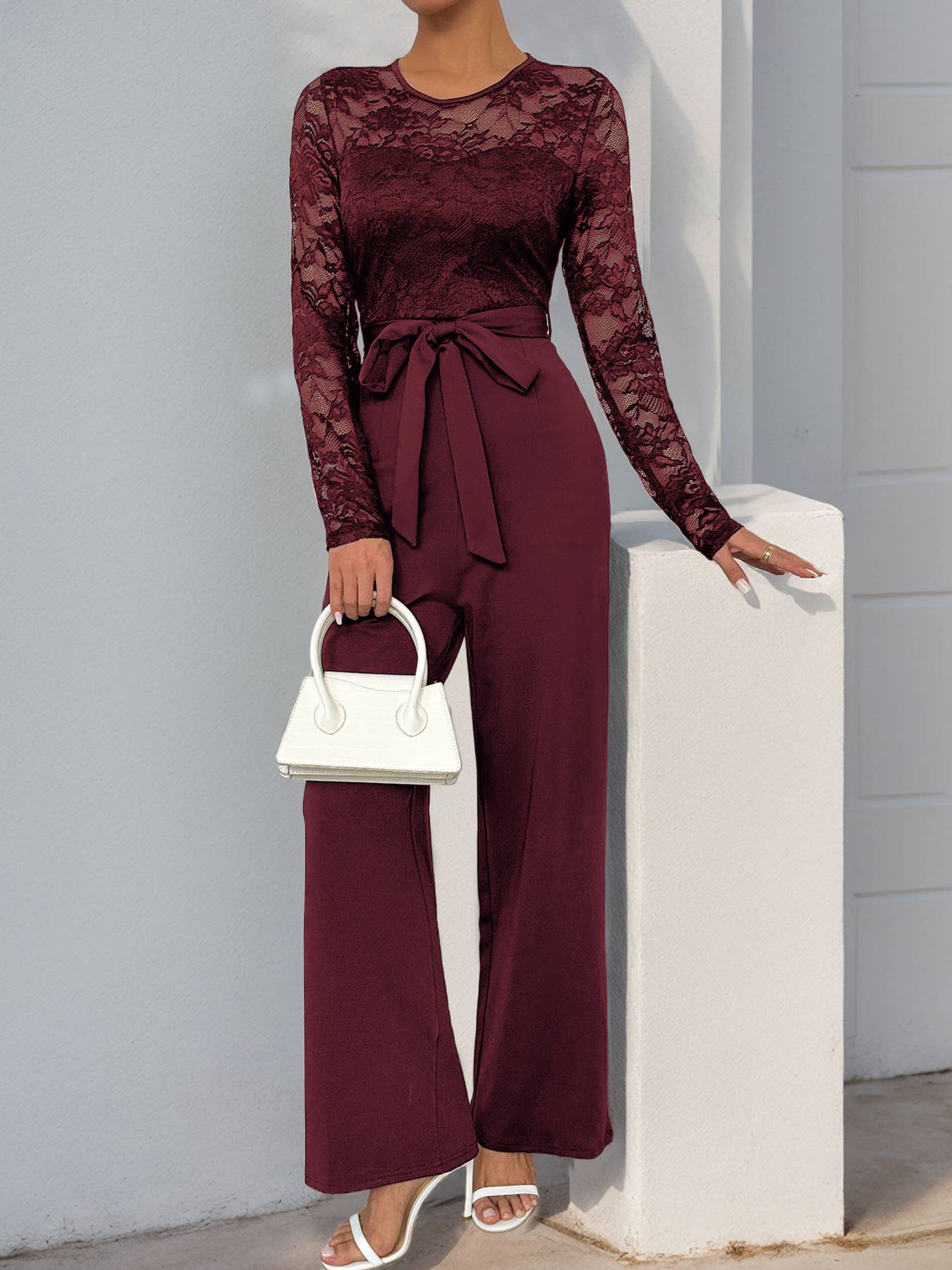 Solid Color Jumpsuit Lace Patchwork Zipper