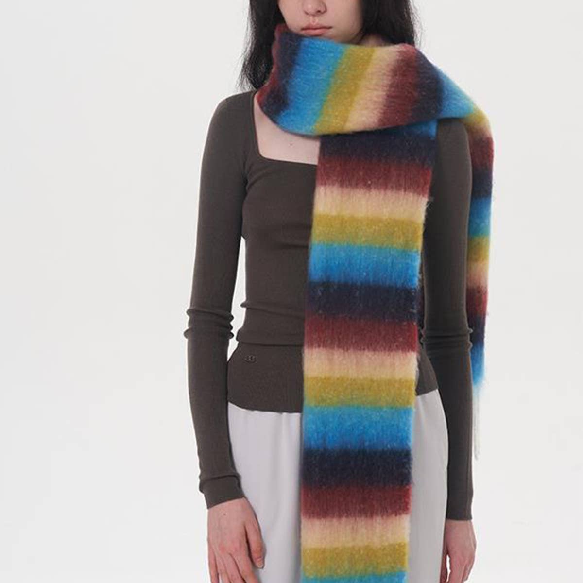 Women Striped Fringed Plaid Scarf