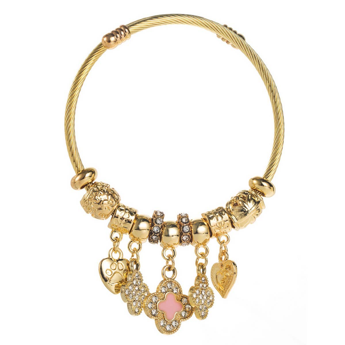 Trendy Gold Clover Heart Charm Bracelet_Cwmm8491