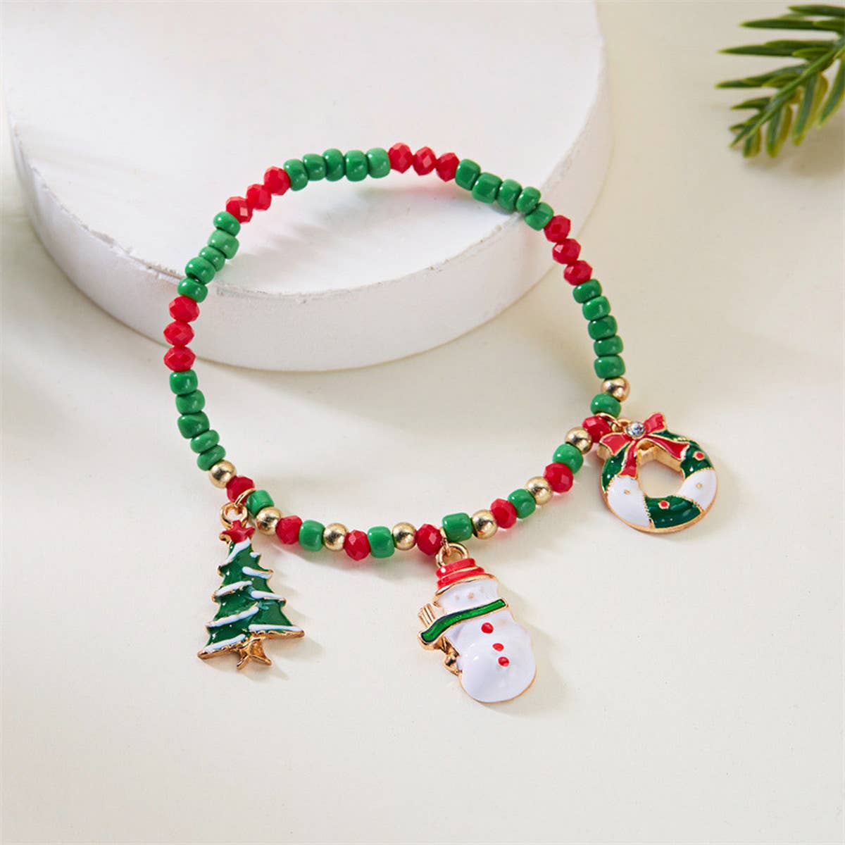 CHRISTMAS CANE PENDANT RICE BEAD BRACELET_CWAJE2383