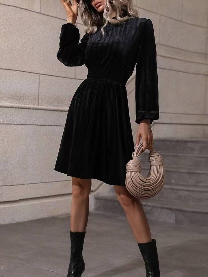 Velvet Long-Sleeved Dress With Waist Tucked