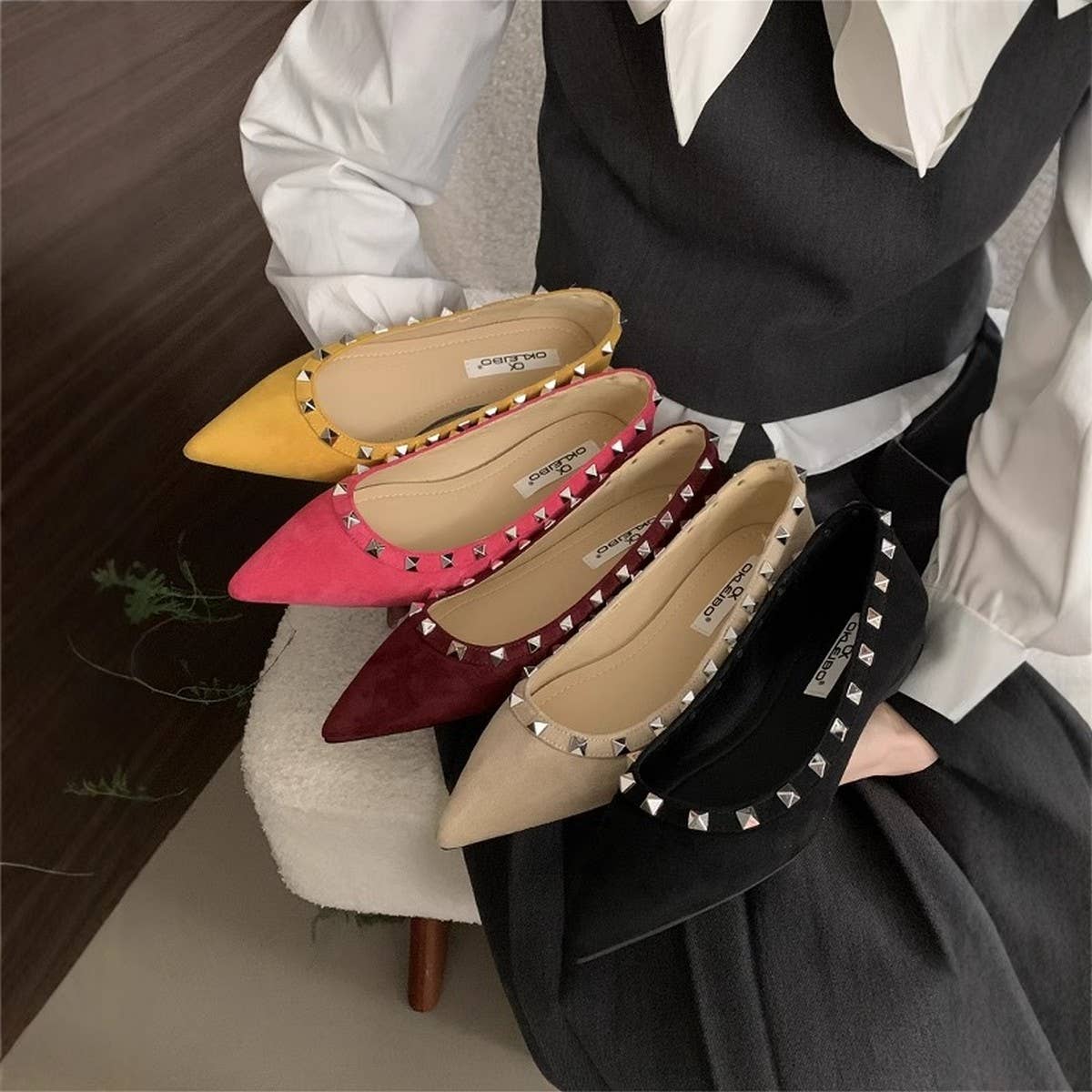 Wedge Pointed Studded Apricot Loafers