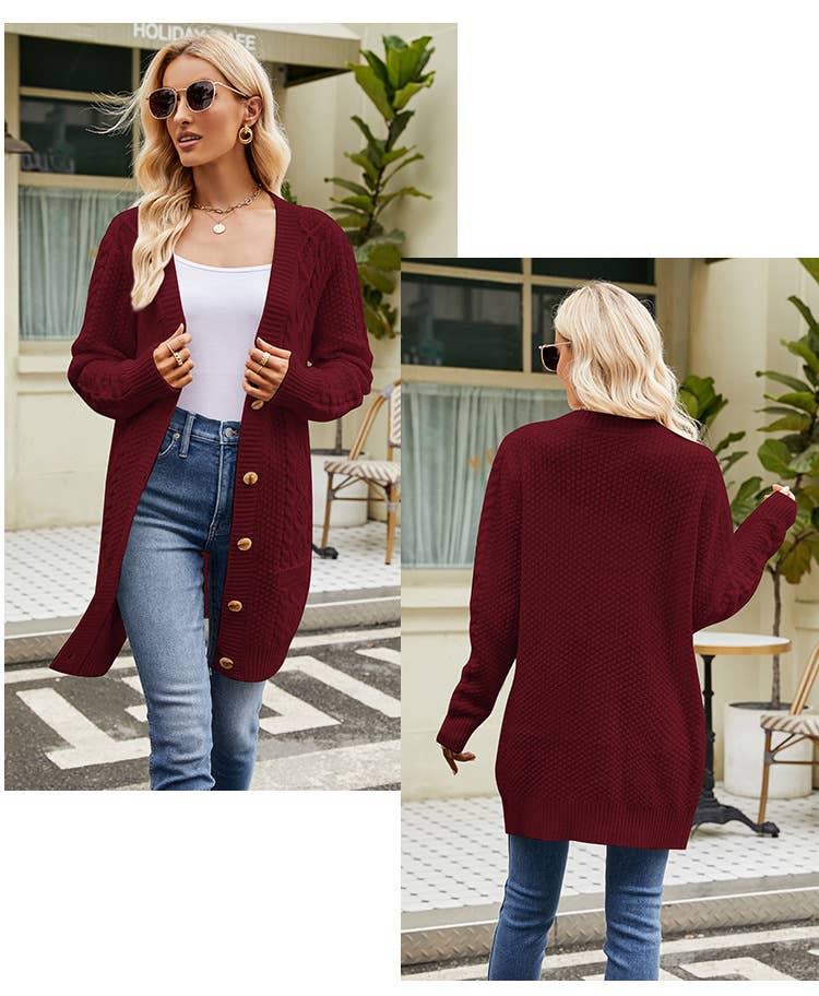 Twisted Floral Solid Color V-Neck Knit Cardigan