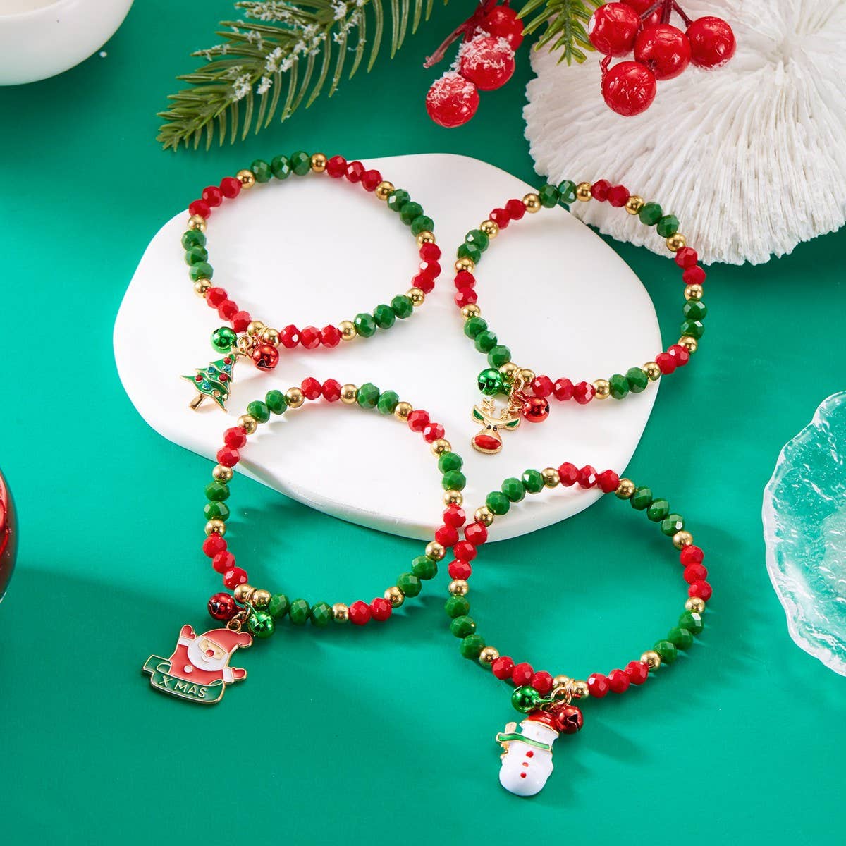 Cwaje2511_Pendant Santa Claus Crystal Bell Beaded Bracelet