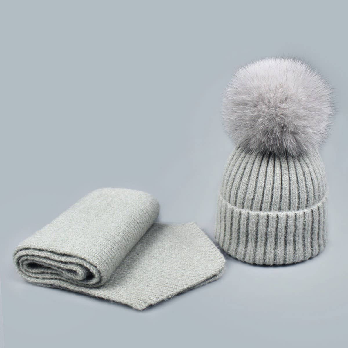 Winter Knit Hat Scarf Set With Fox Fur Pom Beanie_Cwah05044