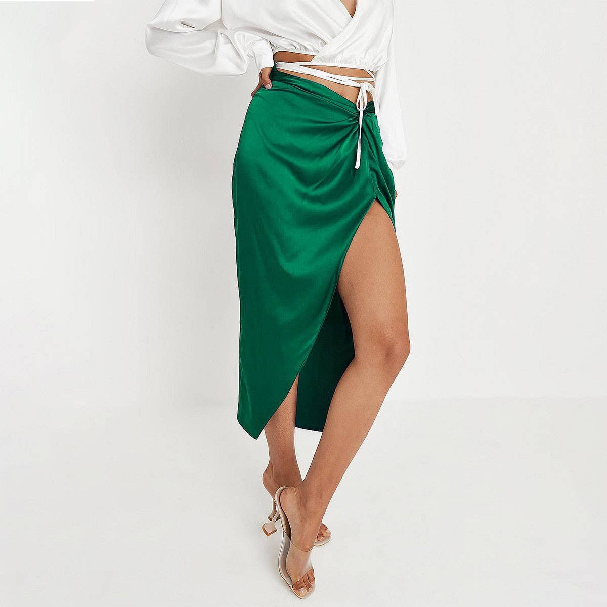 IRREGULAR SOLID COLOR SATIN HIP LENGTH SKIRT_CWBSS0389