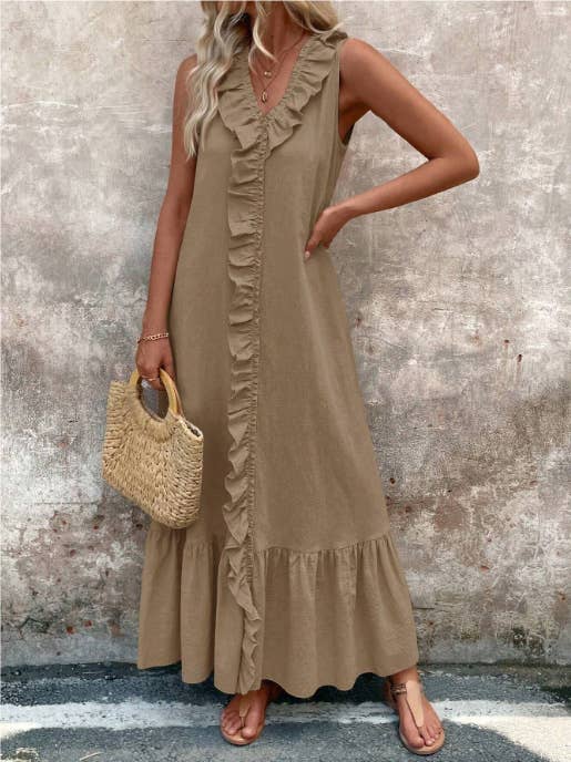 Solid-Colored Cotton V-Neck Loose Wide-Hem Dress