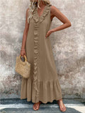 Solid-Colored Cotton V-Neck Loose Wide-Hem Dress