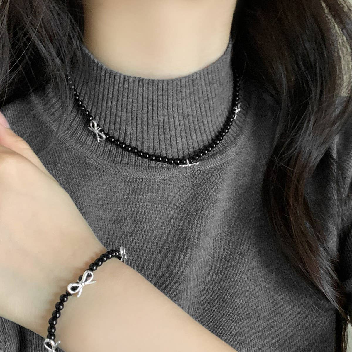 HIGH END RETRO PEARL BOW NECKLACE BRACELET SET_CWAJE3060