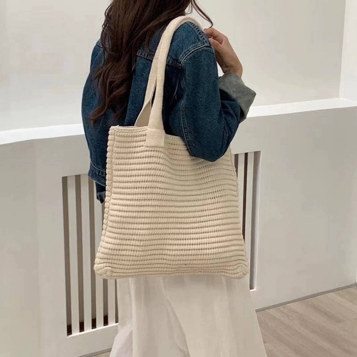 Cwab4574_Solid Color Large Capacity Knitted Shoulder Bag