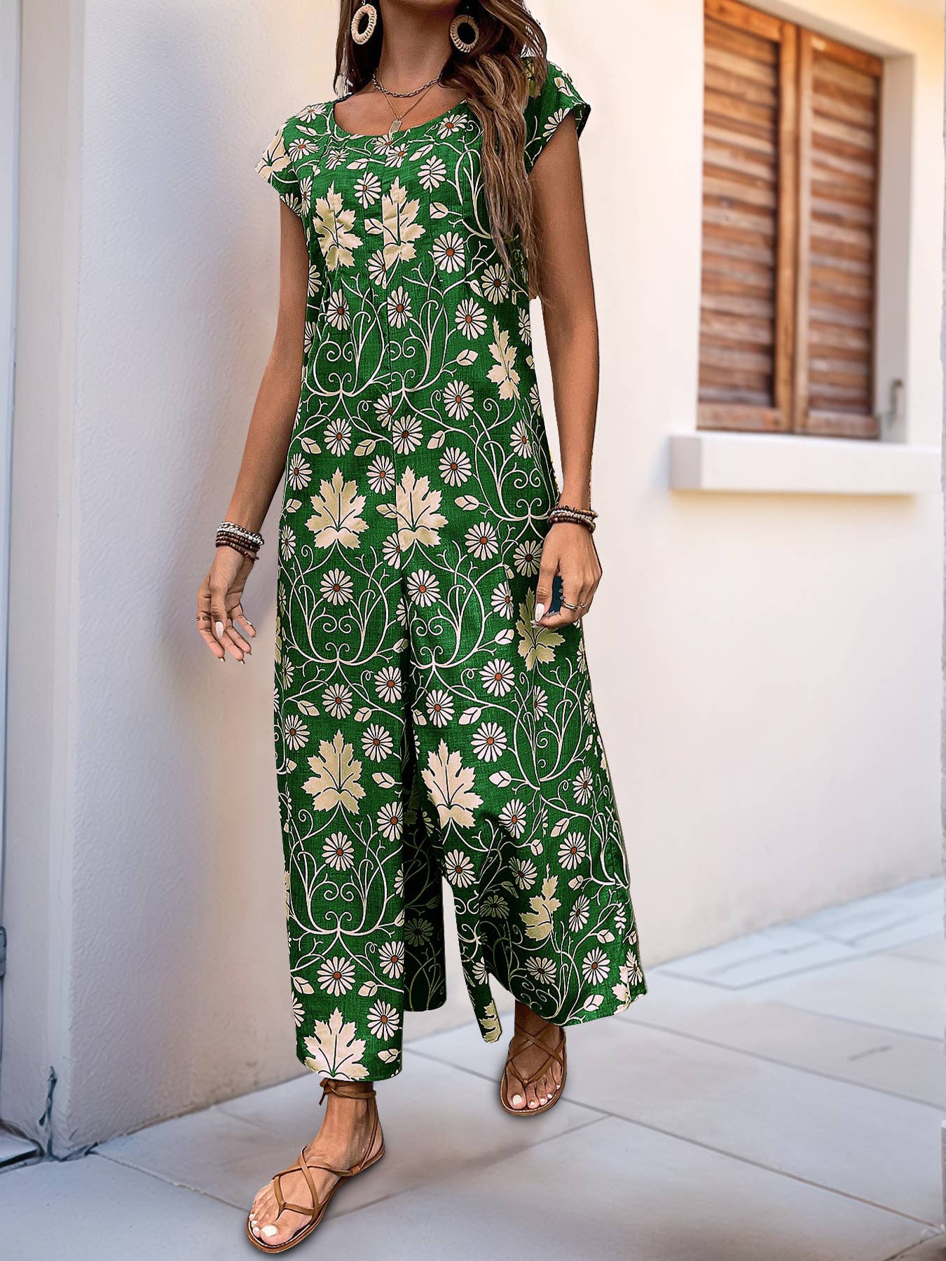 Vintage Floral Print Casual Straight-Leg Jumpsuit