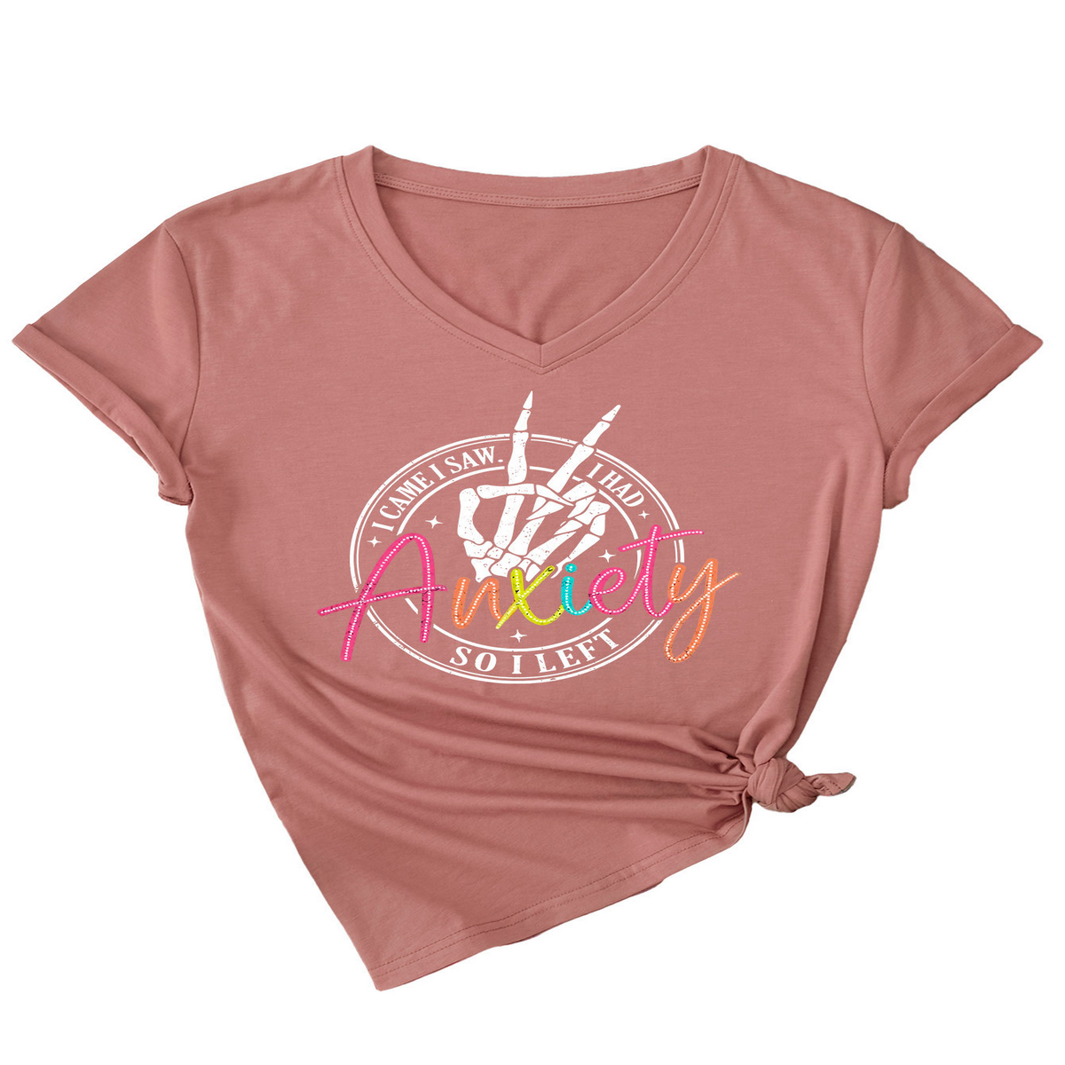 Trendy V-Neck Tee I Came Saw Print